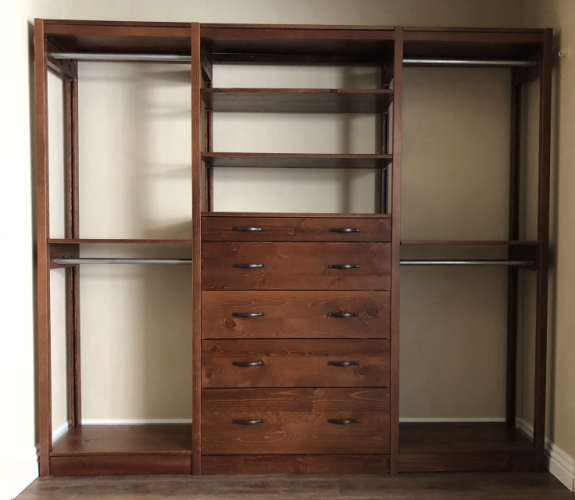 Pecan finish solid wood closet organizer with belt and tie racks